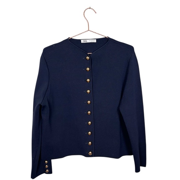 Zara Dark Academia Minimal Blue Knit Cardigan With Gold Buttons - Picture 3 of 9